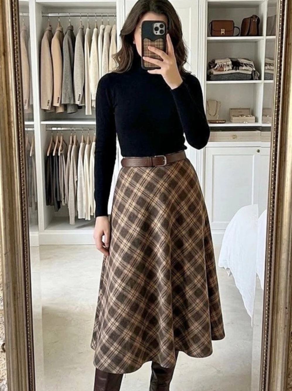 Women's Plaid Midi Skirt in Brown & Black New
